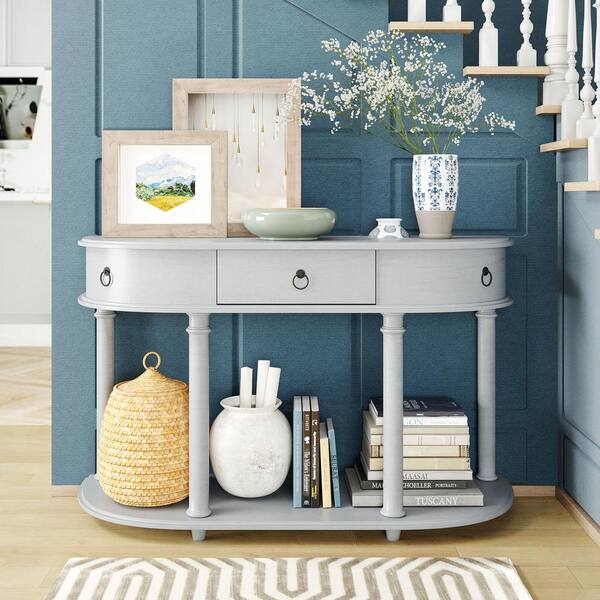 Anbazar Gray Wash 44 In Retro Curved Half Moon Console Table With 3 Drawers Wood Sofa End Bottom Shelf 00923anna 3 Drawers Wood Half Moon Sofa End Table, Half Moon Sofa End Table