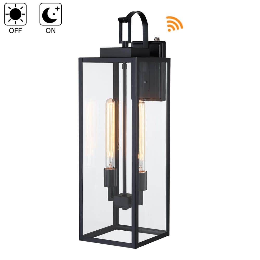 27.5 in. H 2-Light Matte Black Outdoor Dusk to Dawn Wall Lantern Sconce with Clear Glass Shade price history on PriceWatchPro