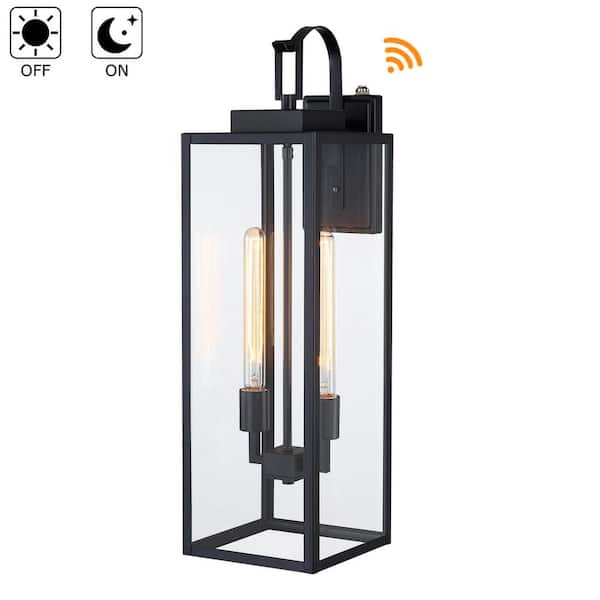 27.5 in. H 2-Light Matte Black Outdoor Dusk to Dawn Wall Lantern Sconce with Clear Glass Shade