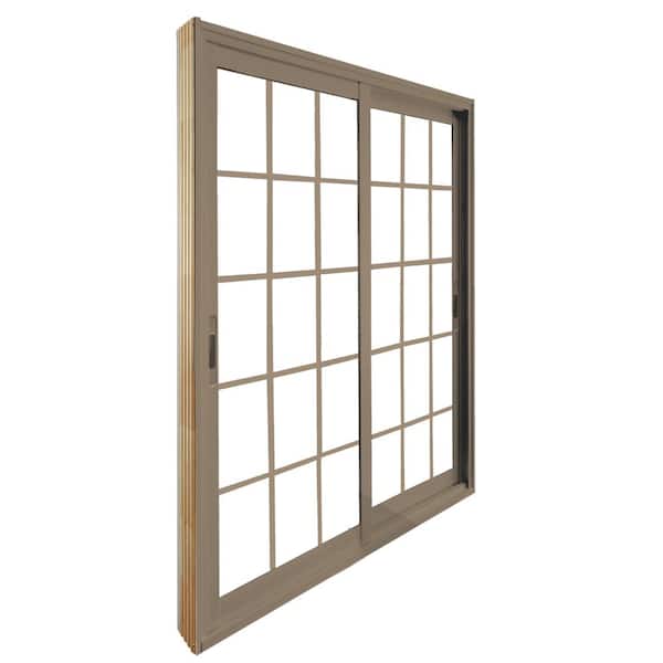 60 in. x 80 in. Double Sliding Sandstone Patio Door with 15-Lite Internal Flat Grill