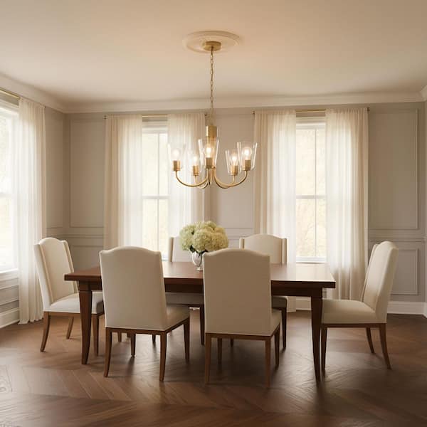 Miles 5-Light Satin Brass with Clear Glass Shades Transitional Dimmable Chandelier