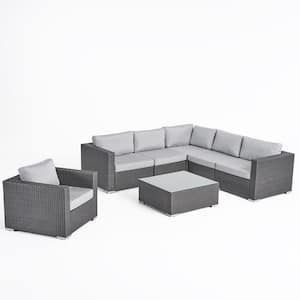 Santa Rosa Grey 7-Piece Faux Rattan Patio Conversation Sectional Seating Set with Sunbrella Canvas Granite Cushions