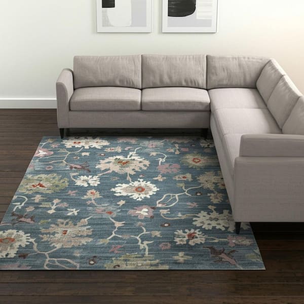 9 ft. x 12 ft. Blue Ivory And Pink Abstract Distressed Area Rug