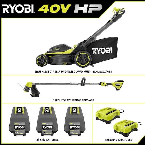 40V HP Brushless Whisper Series 21" Walk Behind Self-Propelled All Wheel Drive Mower & Trimmer W/ 3 Batteries & Chargers