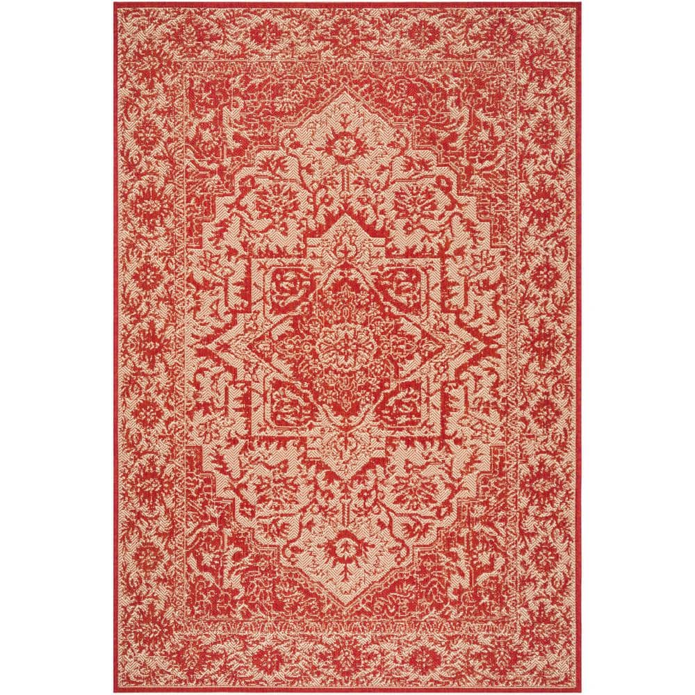 Red and Cream Synthetic Non-Slip Round Area Rug