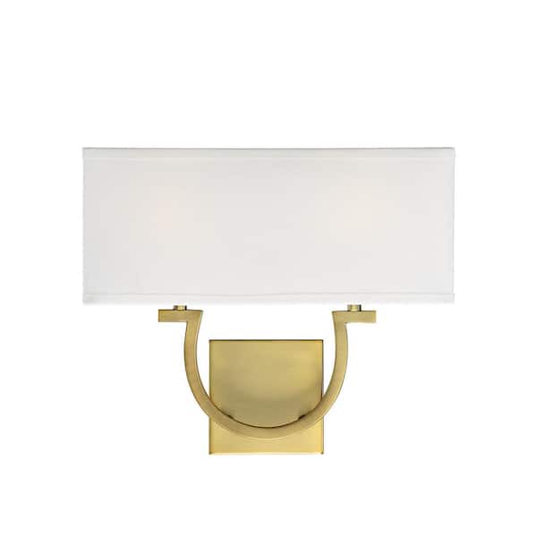 Savoy House Rhodes 14 in. W x 12 in. H 2-Light Warm Brass Wall Sconce with White Linen Shade