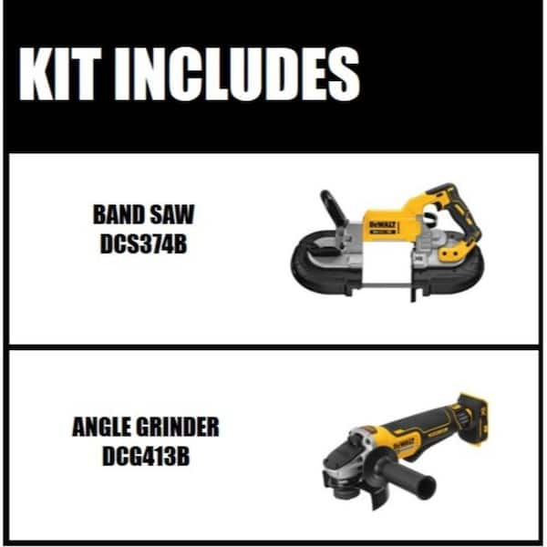 20V MAX XR Cordless Brushless Deep Cut Band Saw and 20V MAX XR Cordless Brushless 4.5 in. Paddle Switch Angle Grinder