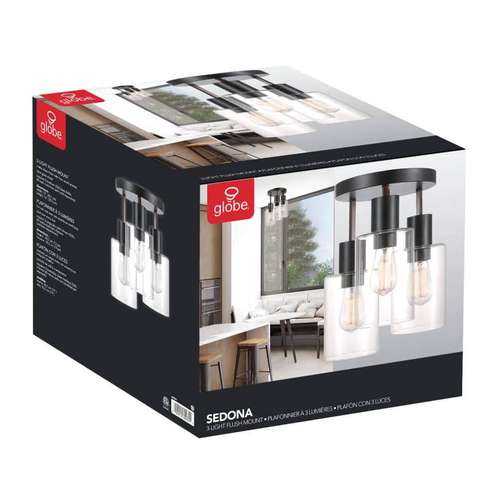 Sedona 12" Matte Black 3-Light Flush Mount with Clear Glass Shades