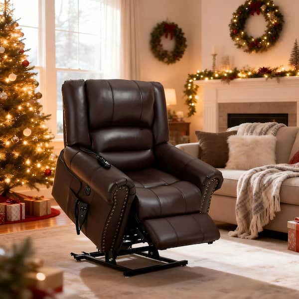 Power Lift Recliner Chair in Brown Genuine Leather with Heat, Massage, Dual Motor, USB Ports and 350 lb. Weight Capacity