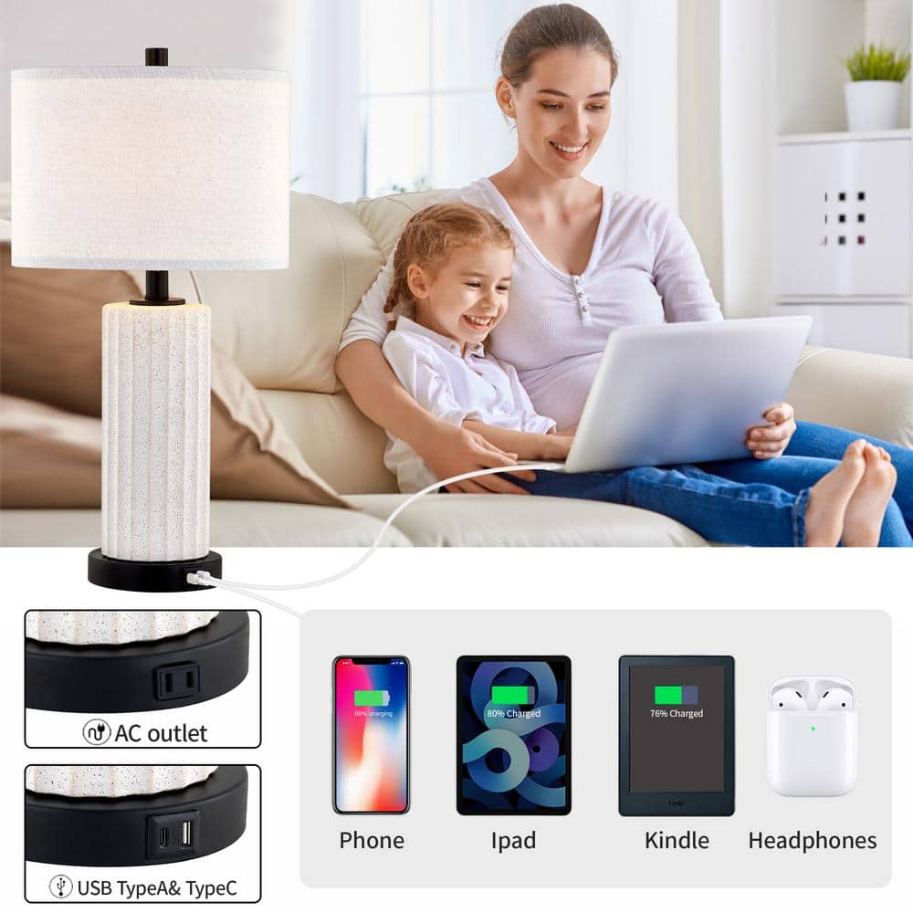 White Ceramic Table Lamp Set with USB Ports and Touch Control