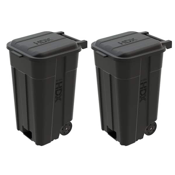 45 gal. Black Heavy Duty Outdoor Trash Can with Wheels and Attached Lid (2-Pack)
