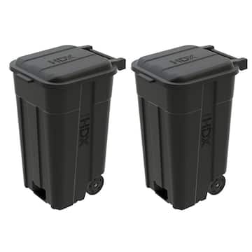 HDX 45 Gal. Black Outdoor Vented Trash Can with Wheels, Attached Lid (2-Pack) 999-2445W-2PK