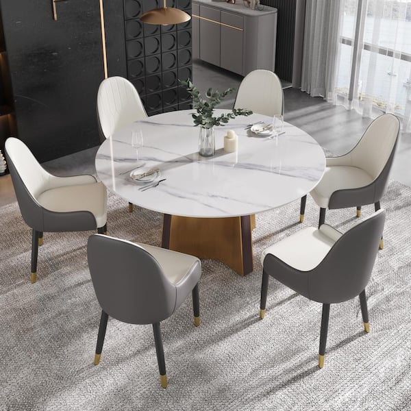 White Glossy Sintered Stone Top 59. 05 in. Pedestal Round Dining Table with Stainless Steel Titanium Base Seats 8