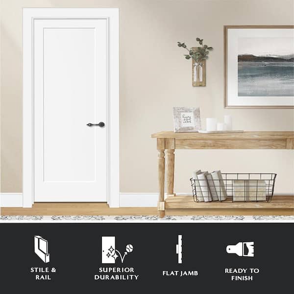 28 in. x 80 in. 1-Panel Shaker Primed Left-Hand Fiberglass Single Prehung Interior Door with Nickel Hinges