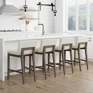 Gracie 24 in. Modern Counter Height Wood Bar Stool w/ Back, Textured Linen Upholstery, Cream Boucle/Dark Brown, Set of 4