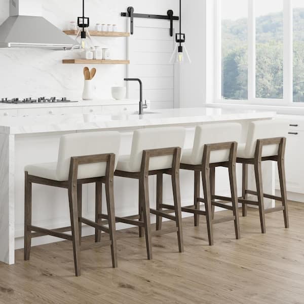 Nathan James Gracie 24 in. Modern Counter Height Wood Bar Stool w/ Back, Textured Linen Upholstery, Cream Boucle/Dark Brown, Set of 4