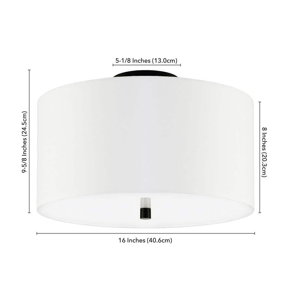 Ellis 16" Matte Black Modern Drum Flush Mount with Linen Shade
