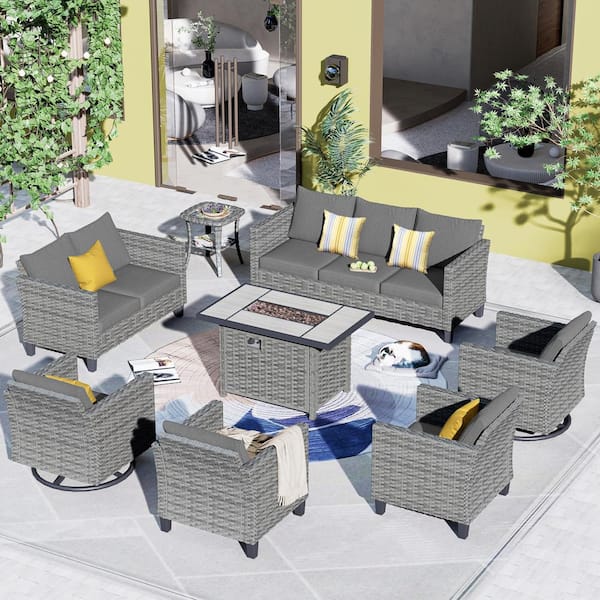 New Star Gray 8-Piece Wicker Patio Rectangle Fire Pit Conversation Seating Set with Dark Gray Cushions and Swivel Chairs