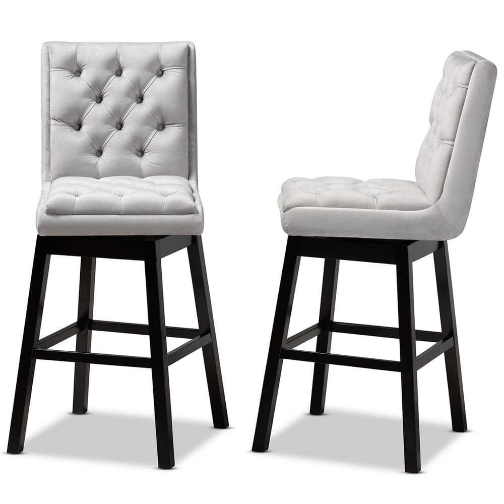 Gregory Light Grey Velvet and Dark Brown Wood Swivel Bar Stool Set