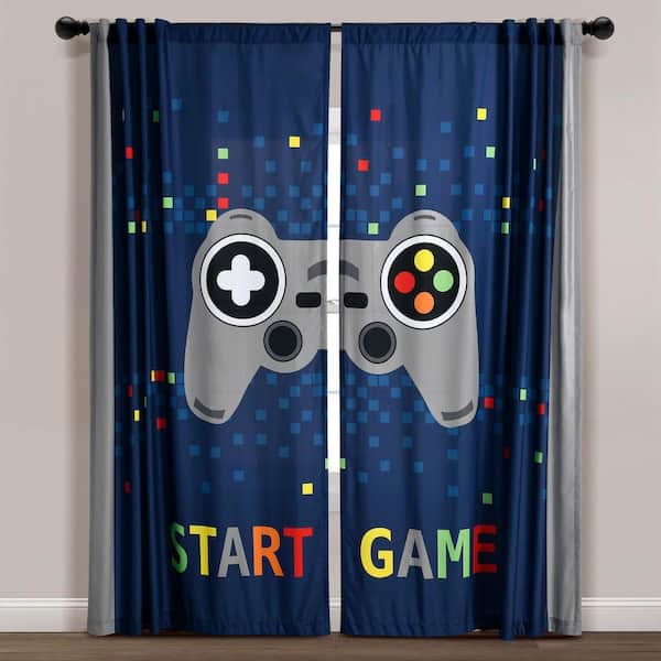 Video Games 52 in. W x 84 in. L Light Filtering Window Curtain Panels in Navy/Multi