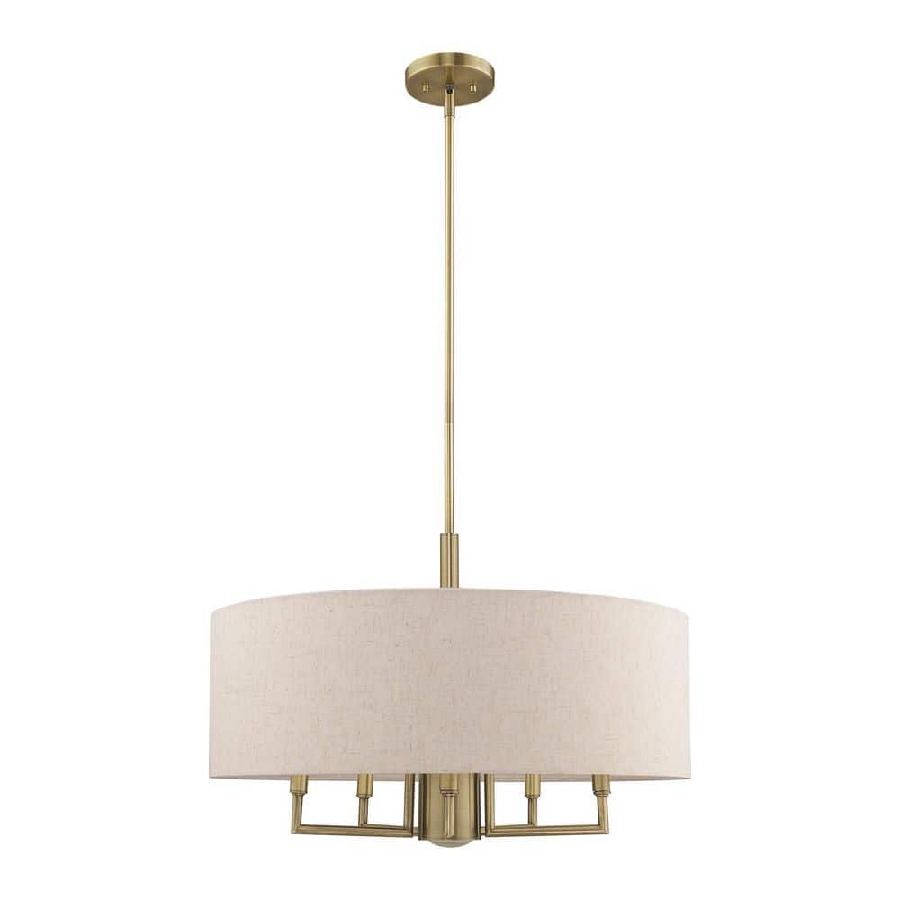 Antique Brass 6-Light Pendant Chandelier with Oatmeal Shade