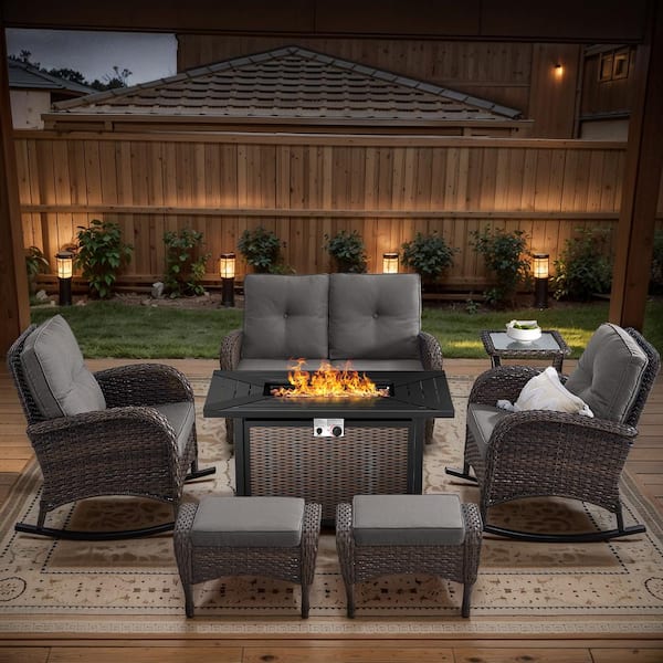 Brown 7-Piece Wicker Patio Fire Pit Set, Outdoor Glider Seating Set with Olefin Gray Cushions and Rocking Chairs