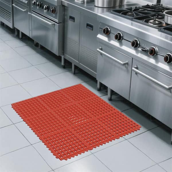 36 x 36 in. Interlocking Rubber Floor Mat Non-Slip Outdoor Shower Pool Drainage Mat in Red