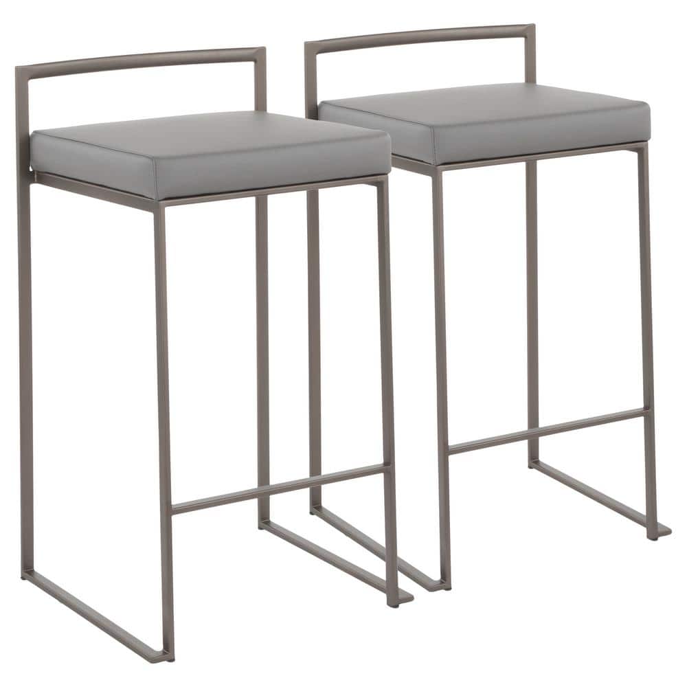 Antique Metal and Grey Faux Leather Stackable Counter Stools, Set of 2