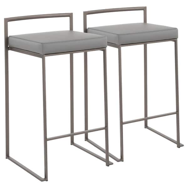 Lumisource Fuji 26 in. Antique Stackable Counter Stool with Grey Faux Leather Cushion (Set of 2)