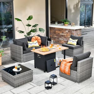 Sanibel Gray 6-Piece Wicker Outdoor Patio Conversation Sofa Sectional Set with a Storage Fire Pit and Black Cushions