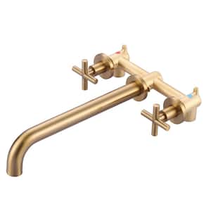 Brushed Gold Double-Handle Wall-Mounted Roman Tub Faucet without Hand Shower in Brass