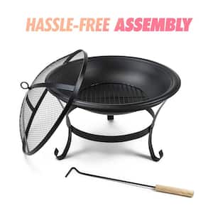 30 in. W x 12 in.H Round Outdoor Metal Wood Burning 3-Pieces Fire Pit and Grill for Camping and Cooking in the Patio