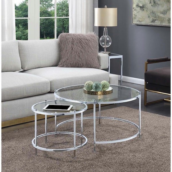 Convenience Concepts Royal Crest 2-Piece 34 in. Clear/Chromed Medium Square Glass Coffee Table Set with Nesting Tables