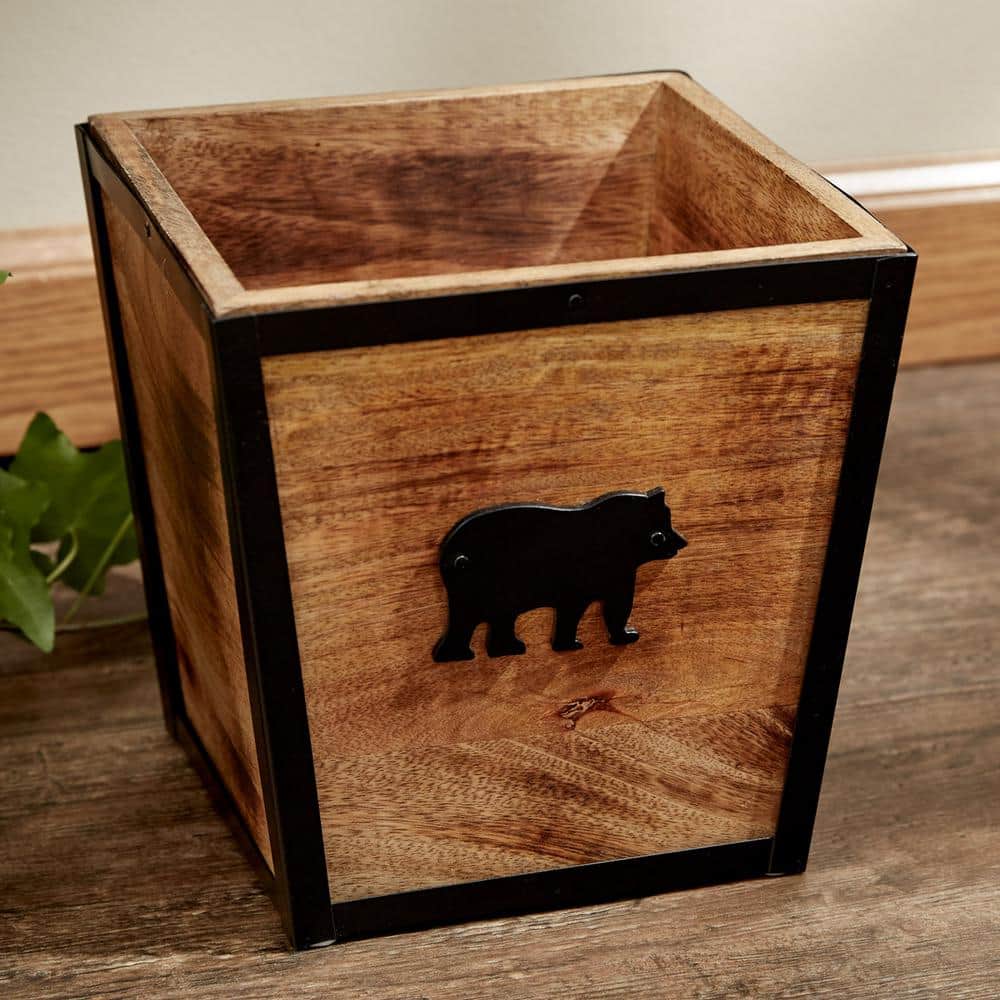 Rustic Brown and Black Wood Bear Waste Basket