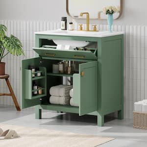 30 in. W x 18.3 in. D x 33.6 in. H Single Sink Bath Vanity in Green with White Ceramic Top and Internal Storage Rack