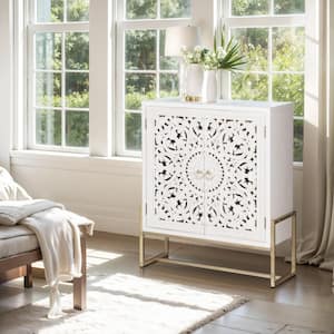 37.4 in. White Hollow Carved Accent Storage Cabinet with 2-Door