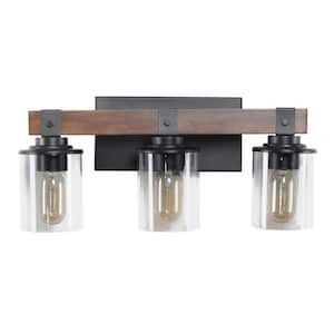 18.5 in. 3 Light Black and Walnut Vanity Light with Thick Tempered Glass Shades, Farmhouse Wall Light