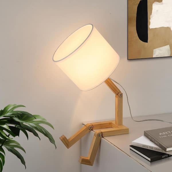 Zompoo Industrial 18 in. 1-Light Foldable White Wood Table Lamp for Living Room with Farbic Shade, E26 Base, not Include Blub