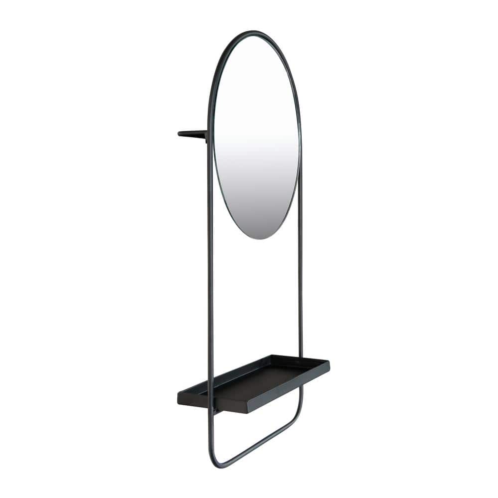 Black Round Metal Wall Mirror with Shelf, 23" Height