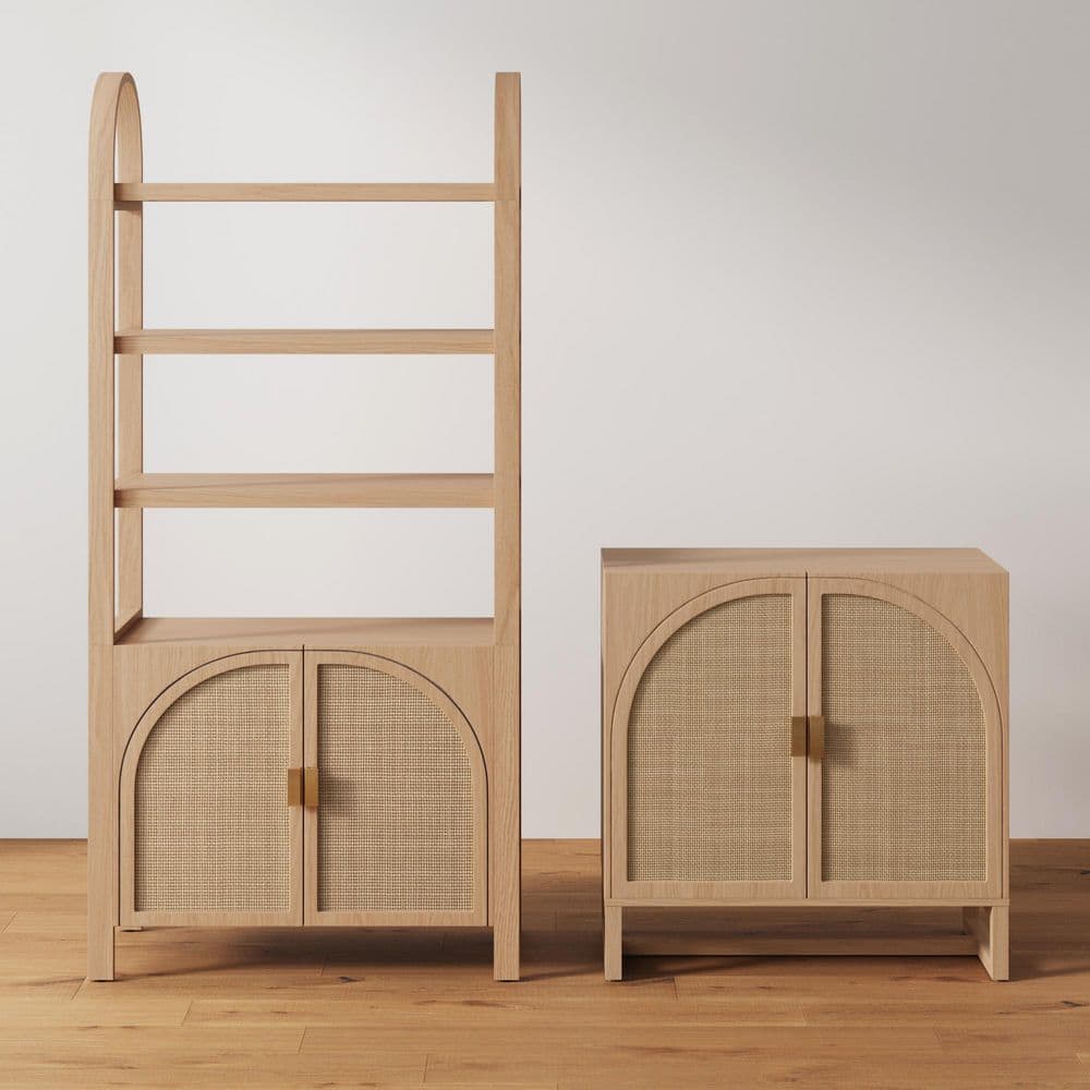 Raw Oak Freestanding Accent Cabinet with Rattan Doors