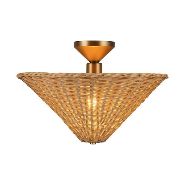 Bridgette 16-in 1 Light 60-Watt Brushed Gold/Rattan Semi-Flush Mount