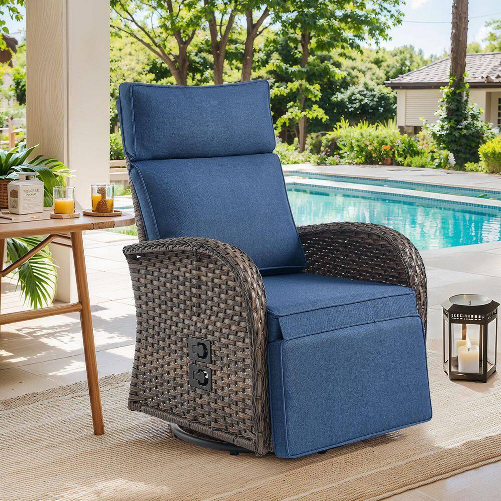 Rotavia Reclining 1-Piece Wicker Outdoor 360° Swivel Recliner with Blue Cushions, Adjustable Backrest, Footrest price history on PriceWatchPro