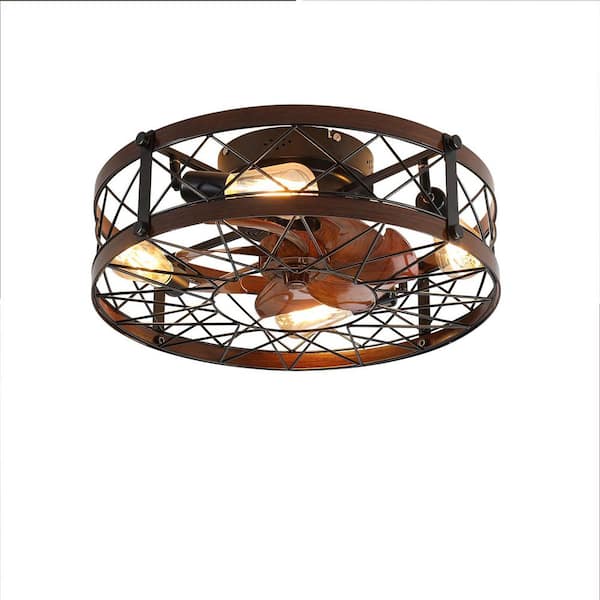 20 in. Black Indoor 6 Speed Flush Mount Caged Ceiling Fan with Light Fit and reversible motor, Remote Control