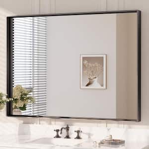 40 in. W x 30 in. H Rectangular Framed Aluminum Square Corner Wall Mount Bathroom Vanity Mirror in Matte Black
