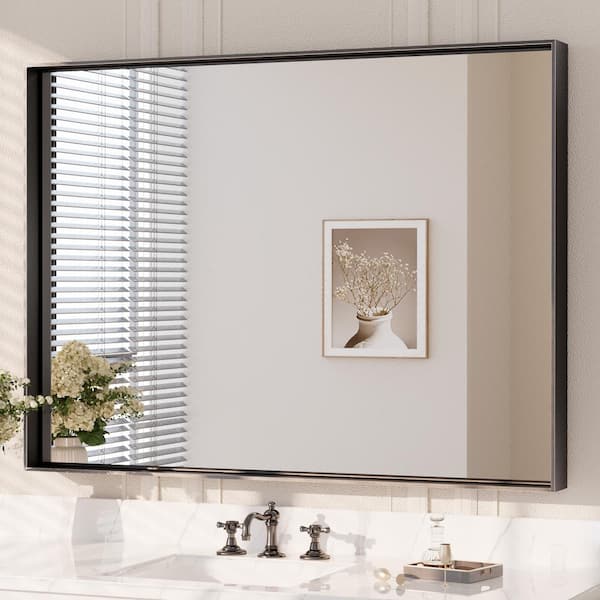 40 in. W x 30 in. H Rectangular Framed Aluminum Square Corner Wall Mount Bathroom Vanity Mirror in Matte Black