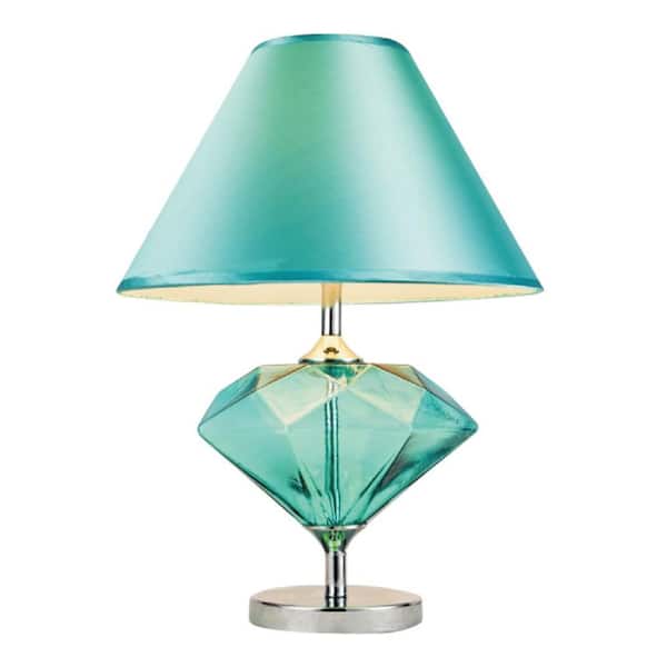 Elegant Designs Royal Gem 22.75 in. Aqua Colored Glass Diamond Shaped Table Lamp with Fabric Shade