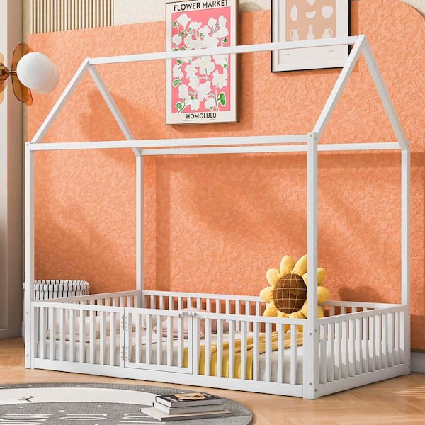 White Metal Frame Twin Platform Bed with Fence and Door