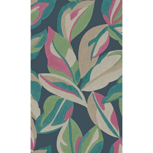 Walls Republic Navy Nicolai Leaf Tropical Printed Non-Woven Paper Paste the Wall Textured Wallpaper 57 Sq. Ft.