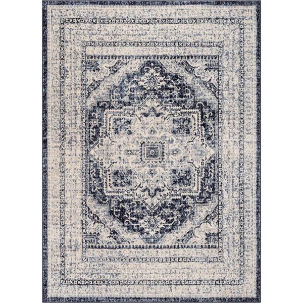 Well Woven Topkapi Pesaro Vintage Oriental Medallion Blue 7 ft. 10 in. x 9 ft. 10 in. Distressed Area Rug