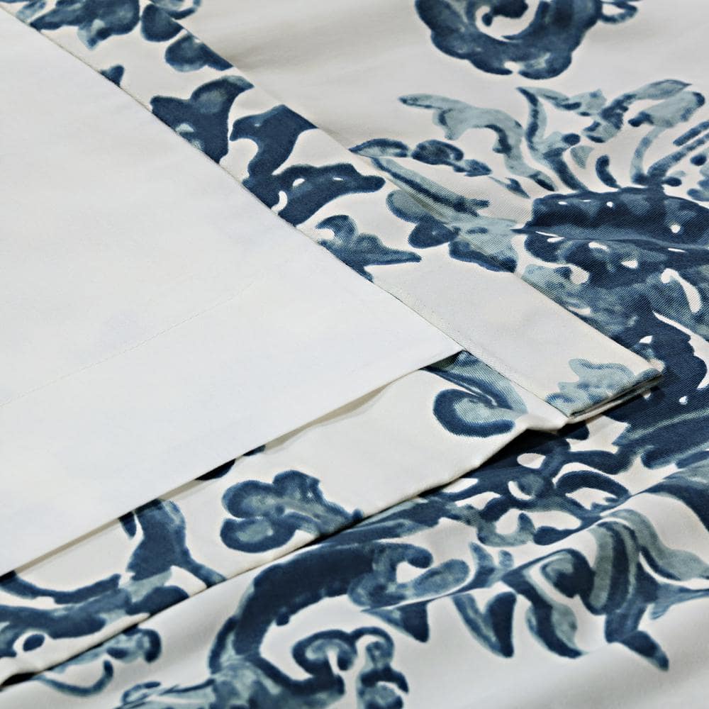Blue Floral Cotton Room-Darkening Drapes with Hidden Tabs